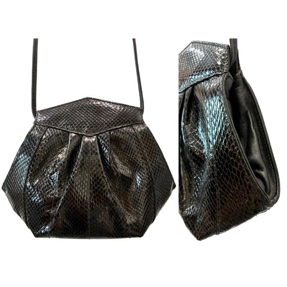 Vintage 80s Black Snakeskin Geometric Shoulder Bag Hexagon Pleated Purse - Picture 7 of 12